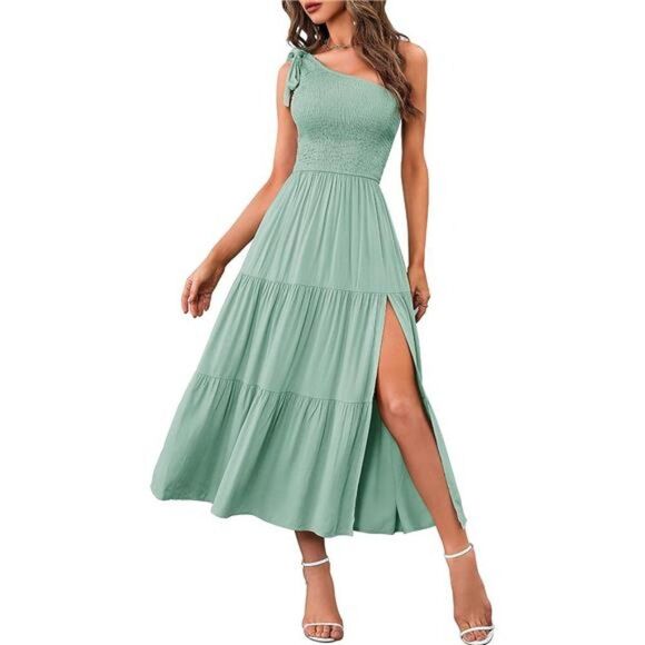 Women's Summer Smocked Midi Dress with One Shoulder and Split Tiered Flowy - Picture 1 of 6